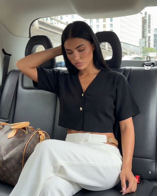 Margot | Cropped Button Up Blouse Black Short Sleeve V Neck