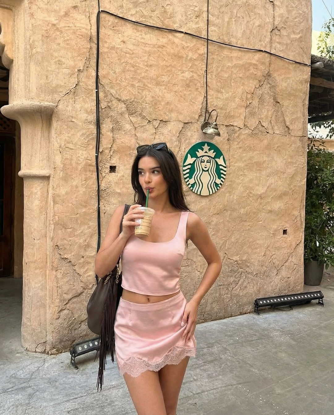 Liv | Satin Mini Skirt Pink Lace Trim