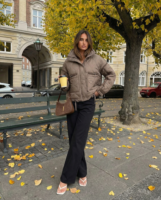 Celine | Quilted Puffer Jacket Beige Hooded Short Padded