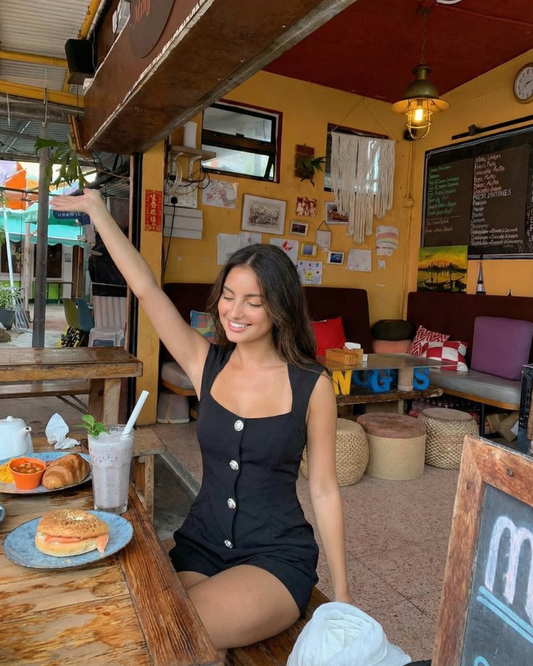 Alma | Elegant Button Front Playsuit Black Square Neck