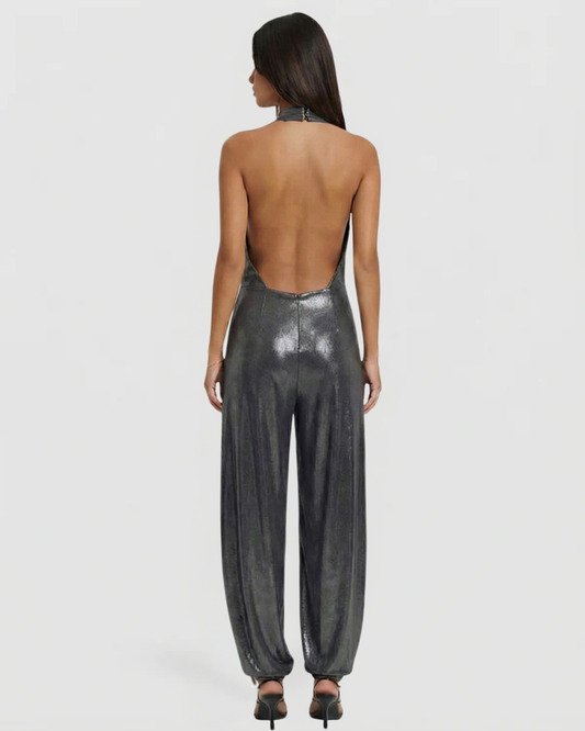 Nola | Elegant Halter Jumpsuit Black Metallic