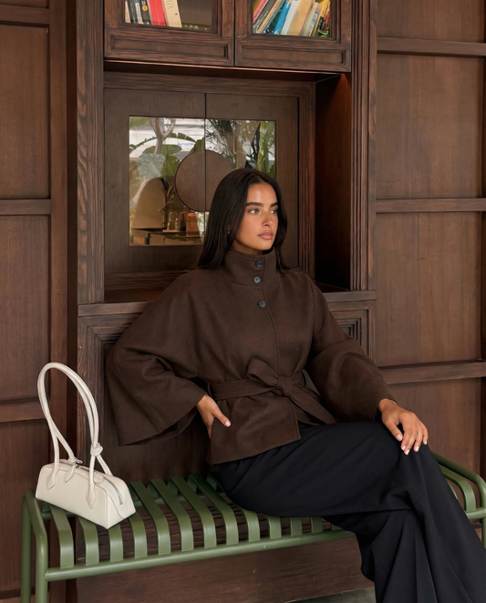 Wren | Elegant Brown Jacket Belted Oversized Funnel Neck