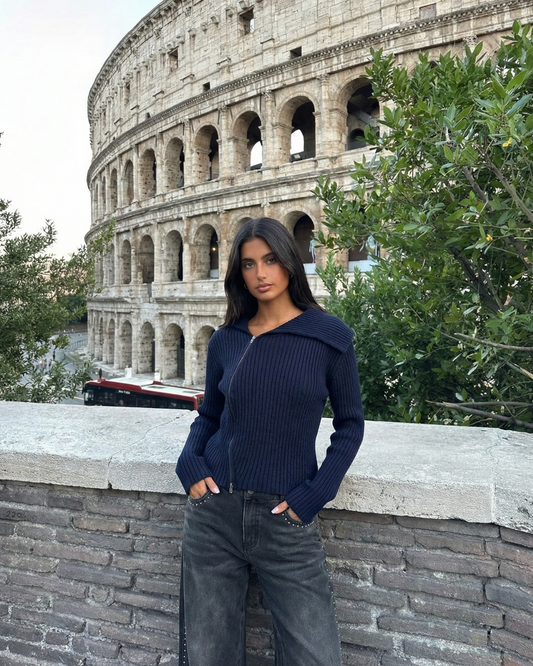 Vera | Ribbed Zip Up Hoodie Navy Long Sleeve