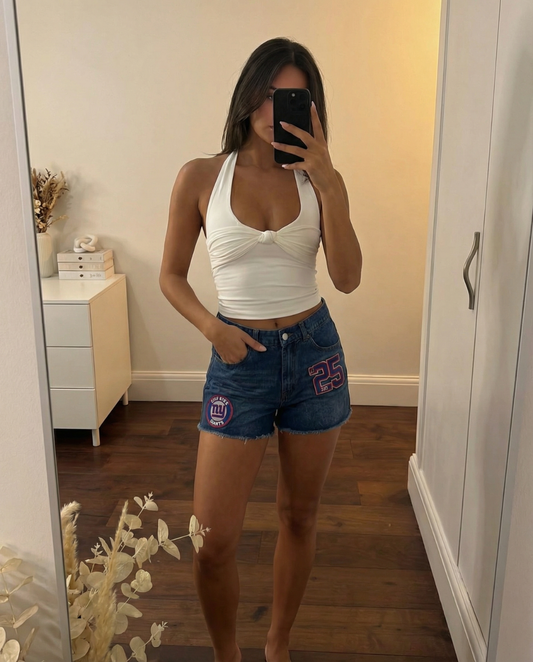 Leah | Denim Shorts Blue High Waisted Distressed Frayed Hem