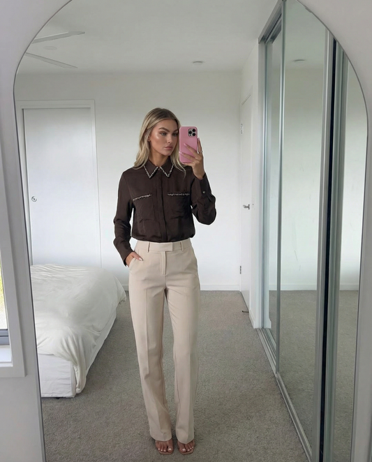 Evie | Smart Casual Brown Shirt Embellished Collar