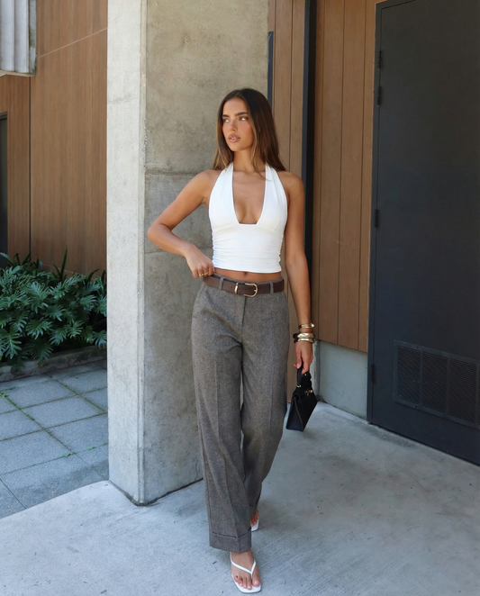 Margot | Wide Leg Wool Pants Gray Belted