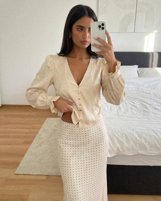 Margot | Elegant Satin V Neck Blouse Beige