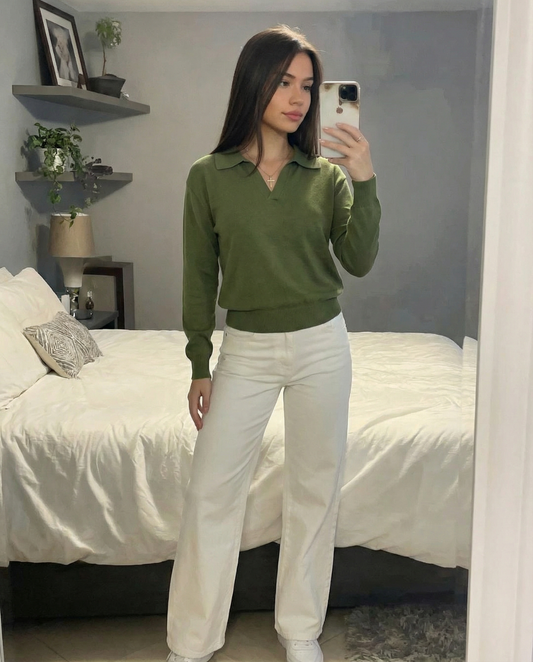 Margot | Olive Green Effortless Collared Knit Polo Jumper