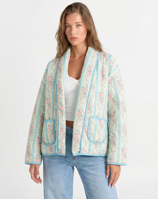 Edie | Quilted Jacket Cream Light Blue Floral Patchwork Long Sleeve