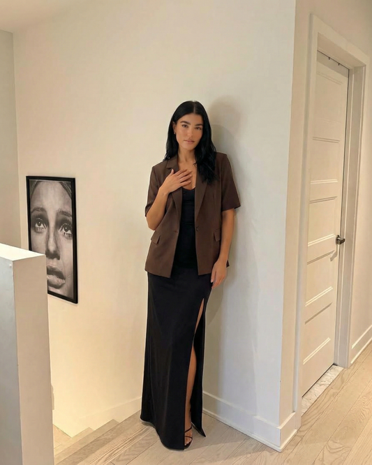 Lena | Oversized Short Sleeve Blazer Brown Button Down