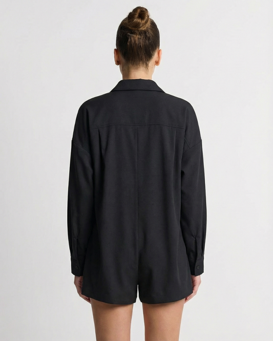 Bea | Casual Utility Button Romper Black Long Sleeve
