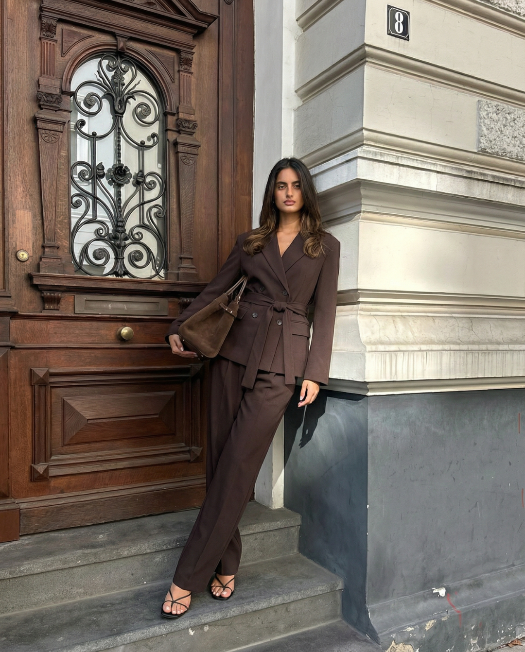 Vera | Double Breasted Blazer Pants Set Brown Belted
