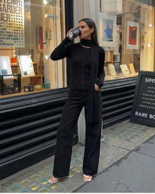 Margot | Ribbed Button Down Shirt Black Long Sleeve