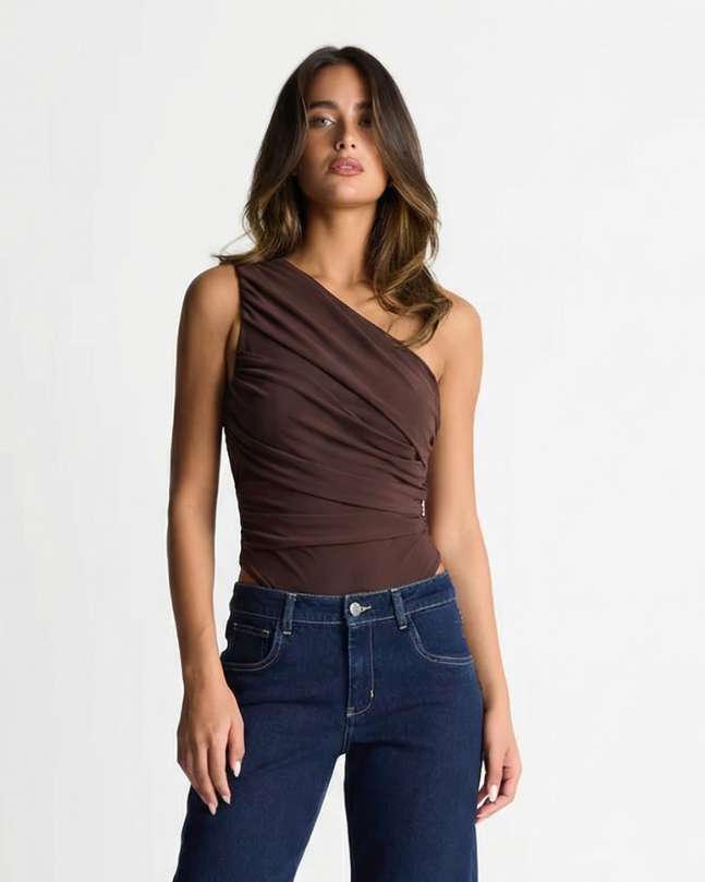 Vera | One Shoulder Ruched Jumpsuit Brown High Waisted