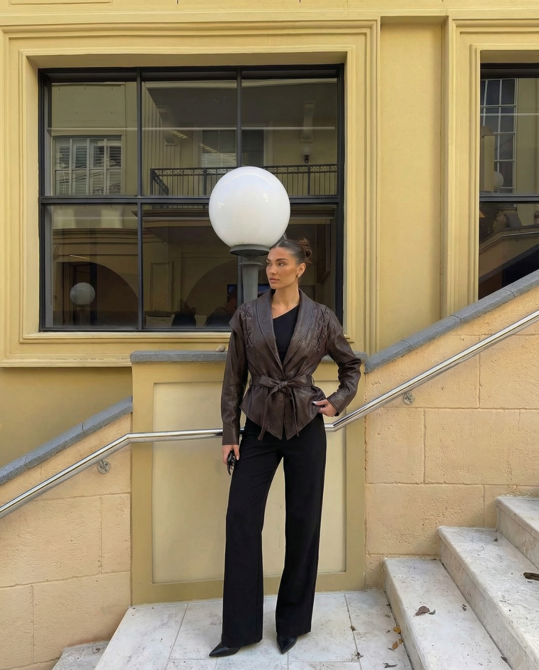 Thea | Faux Leather Jacket Brown Belted Shawl Collar