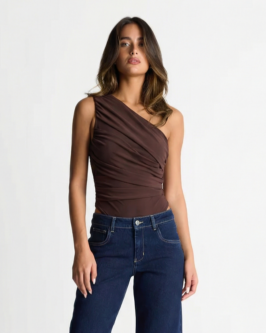 Elise | One Shoulder Ruched Top Brown