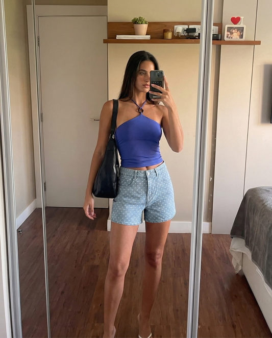 Maren | High Waisted Denim Shorts Light Blue Printed