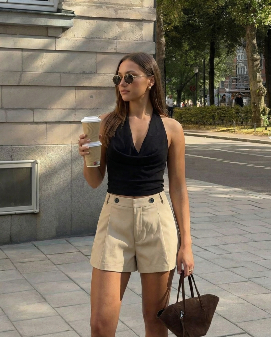 Bea | Elegant Tailored Shorts Khaki Pleated High Waisted