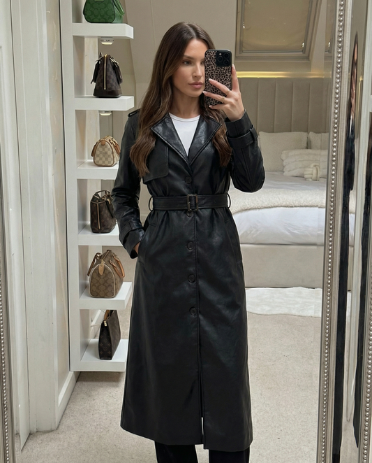Vera | Belted Faux Leather Coat Black Long Sleeve