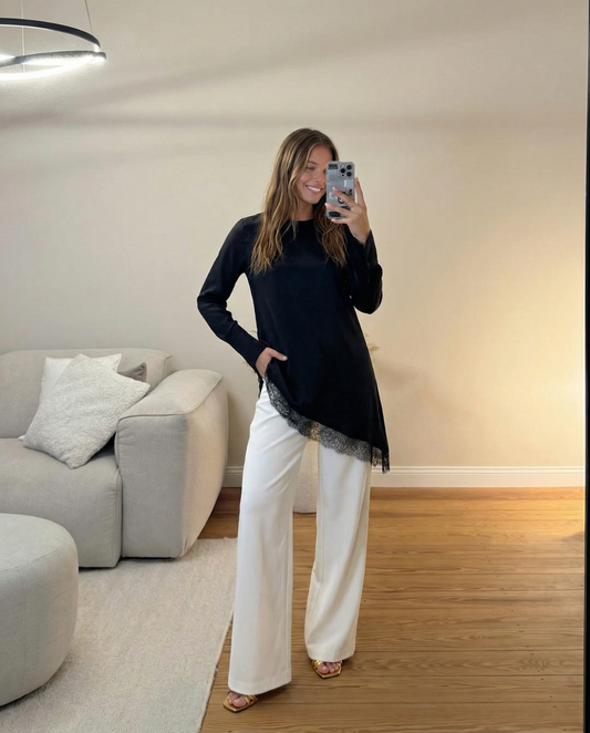 Mia | Elegant Asymmetric Blouse Black Long Sleeve Lace Trim