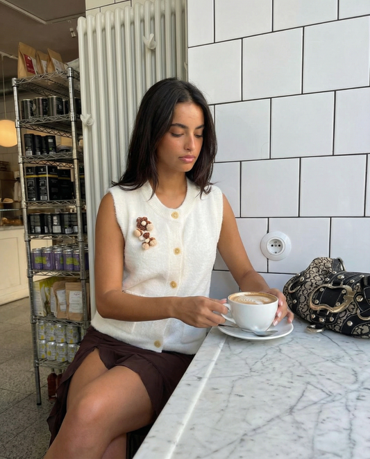 Margot | Sleeveless Knit Vest Cream Button Front Pocket Detail