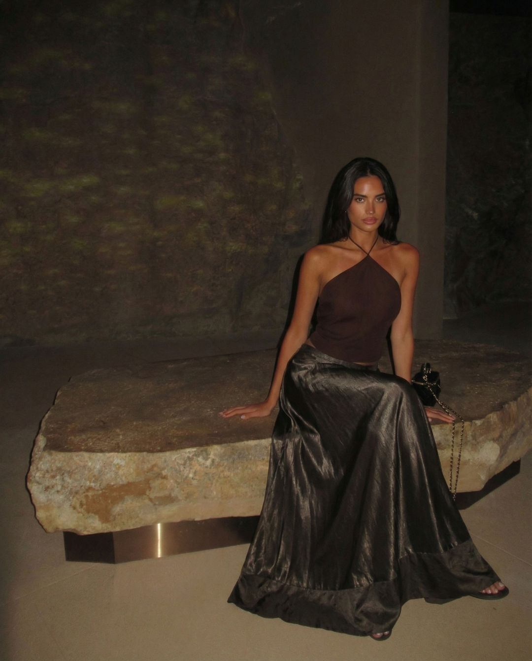 Uma | Elegant Satin Maxi Skirt Brown Pleated Tiered