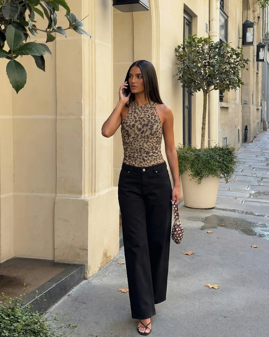 Iris | Leopard Print Bodysuit Beige Sleeveless Fitted