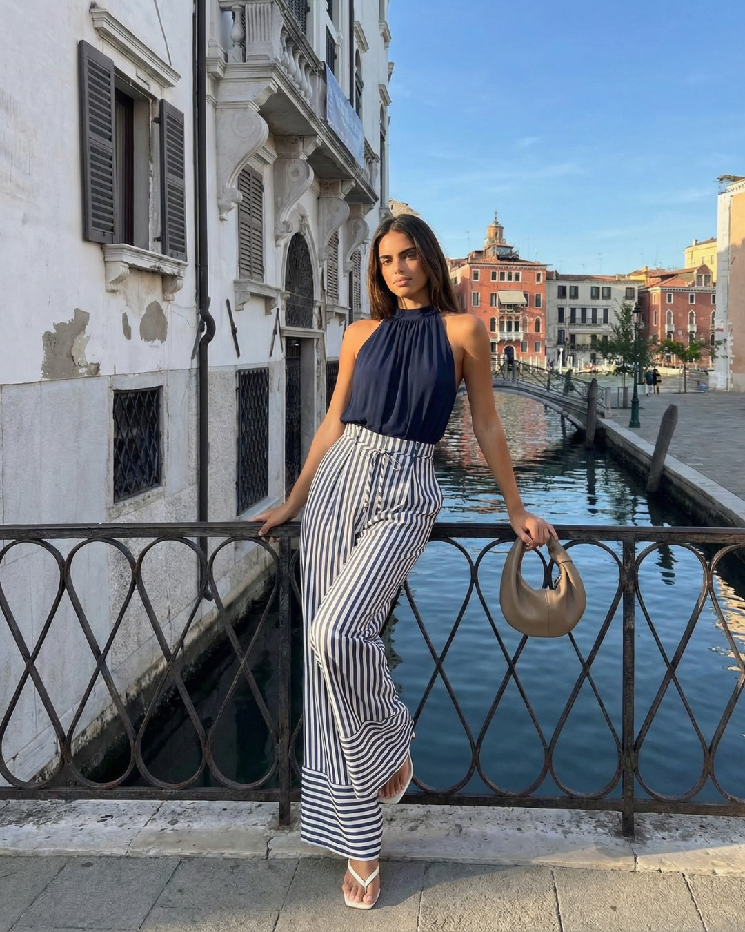 Thea | Striped Wide Leg Jumpsuit Navy White Halter