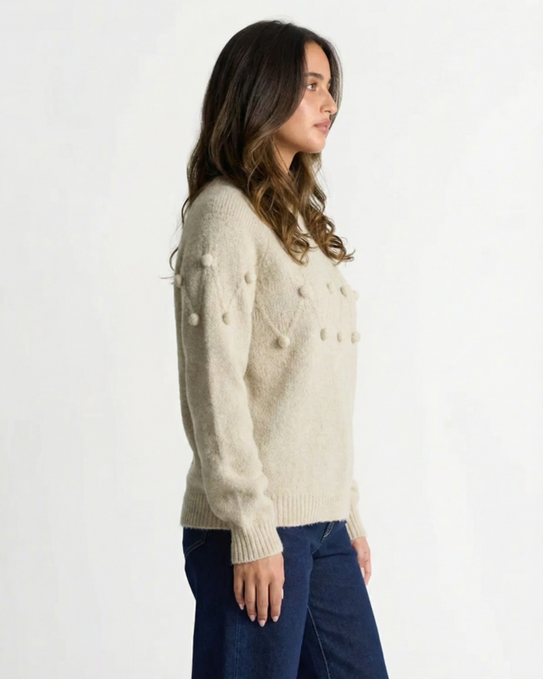 Neve | Casual Knitted Pom Pom Sweater Cream