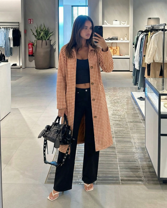 Margot | Plaid Longline Button Up Shirt Coat Rust White