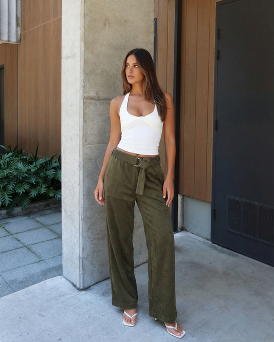 Thea | Wide Leg Linen Pants Olive High Waisted Belted