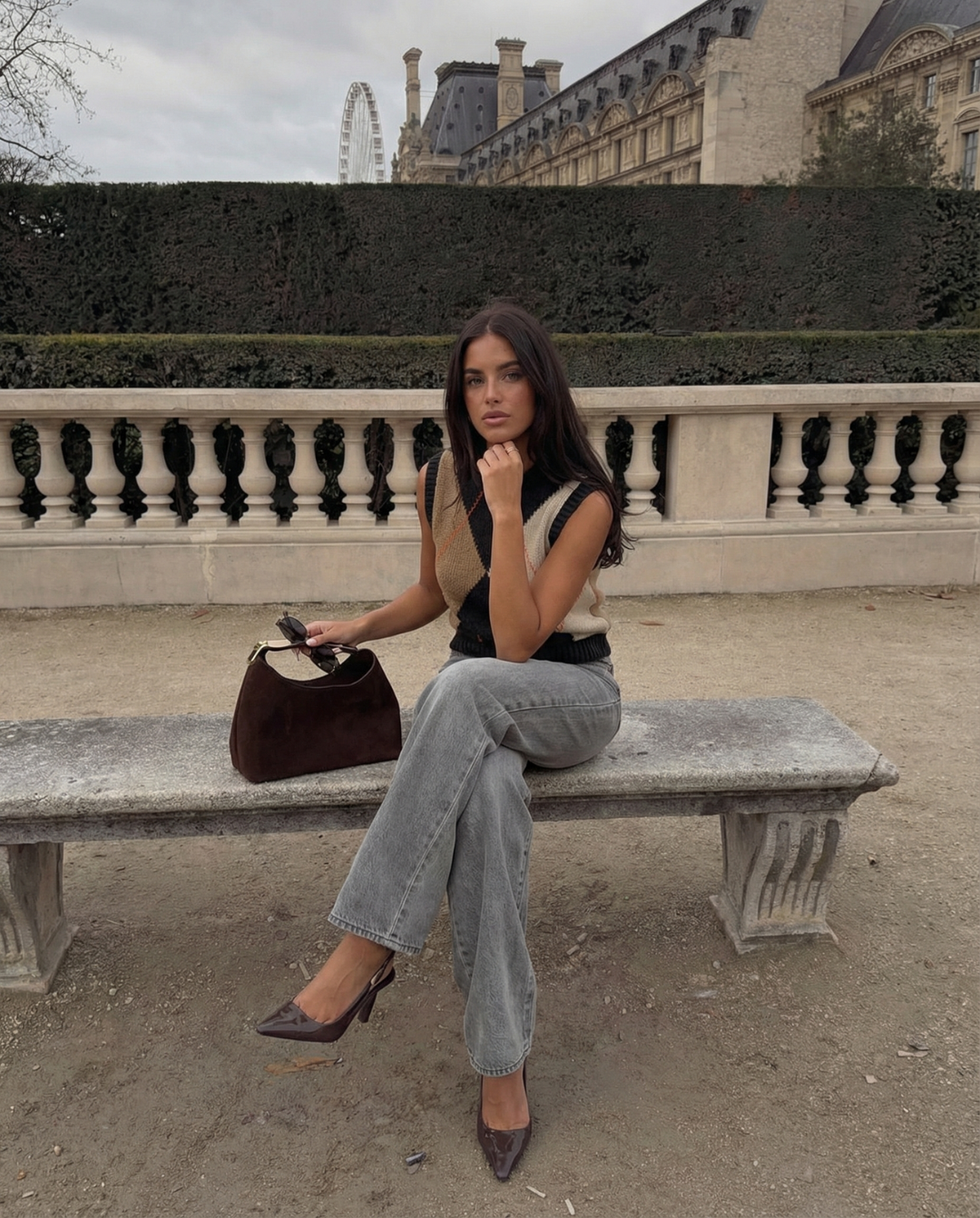 Camille | Argyle Knitted Vest Top Black Cream Beige Sleeveless