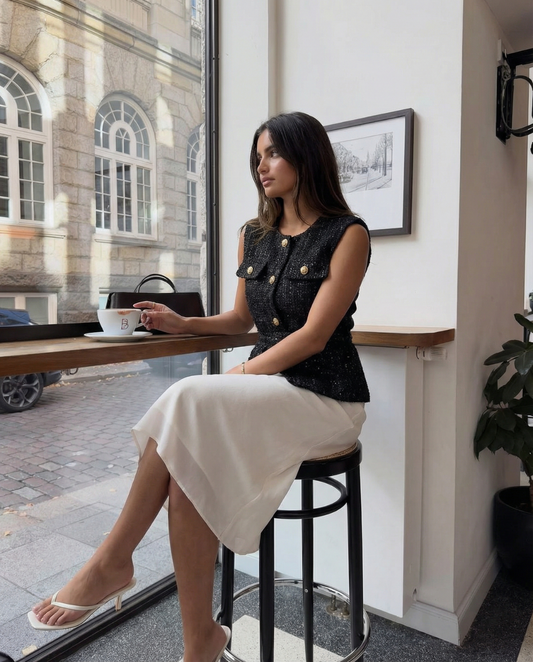 Mara | Tweed Button Front Vest Black Gold Accents