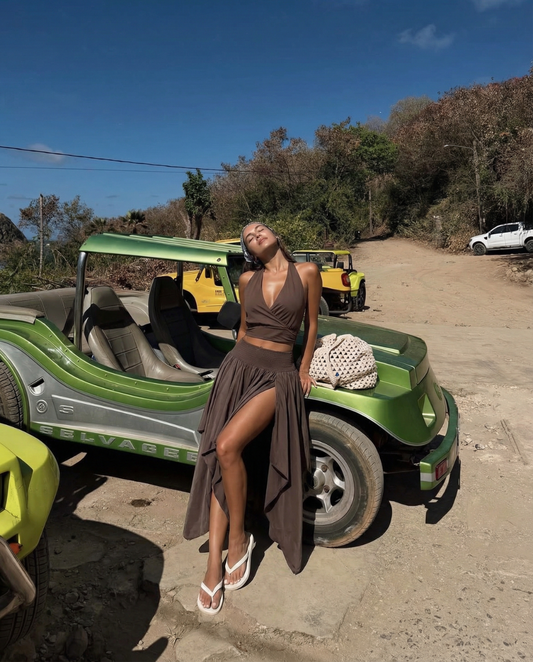 Edie | Elegant Satin Midi Skirt Brown Asymmetric Hem