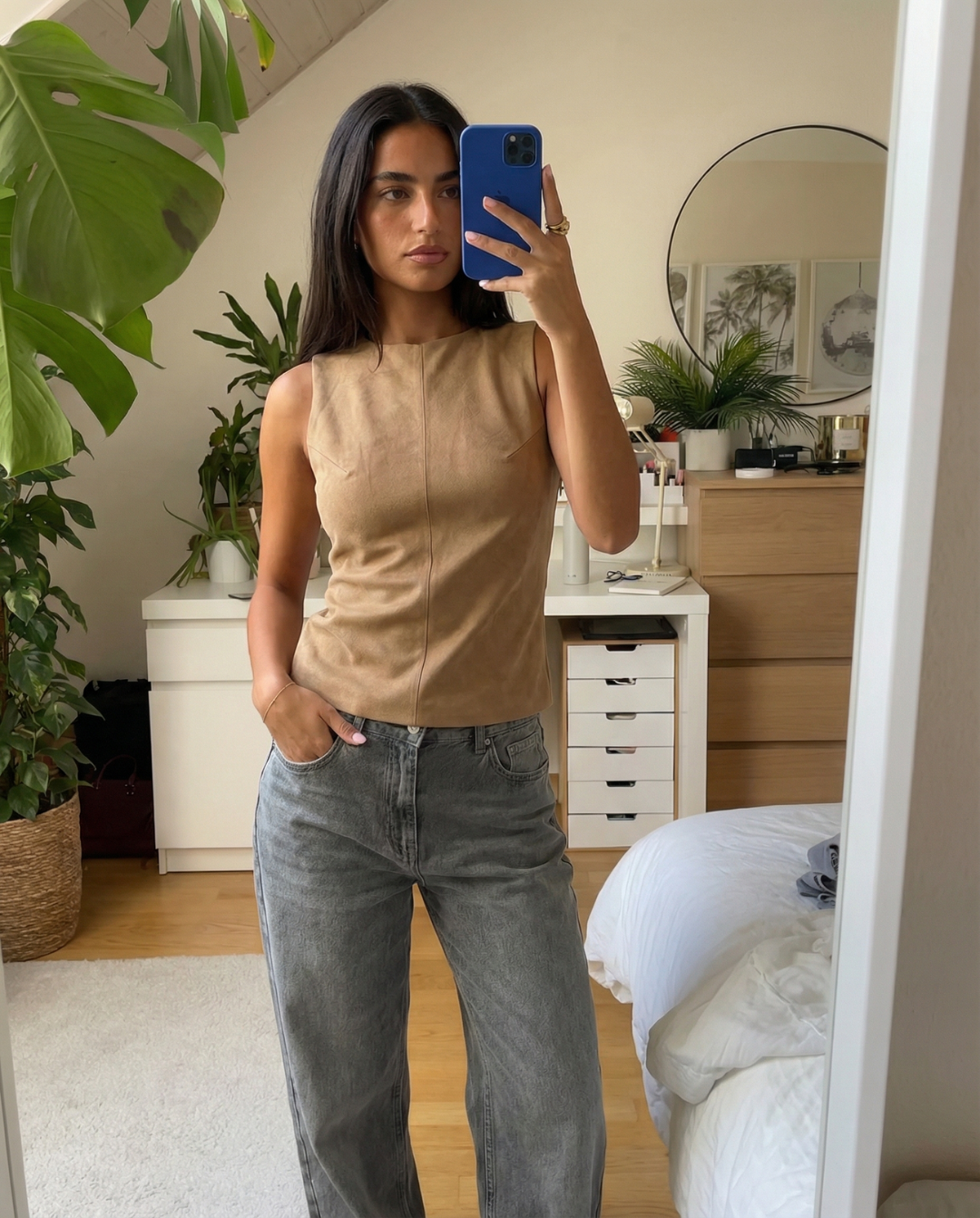 Viola | Vest Top Beige Sleeveless Fitted Suede