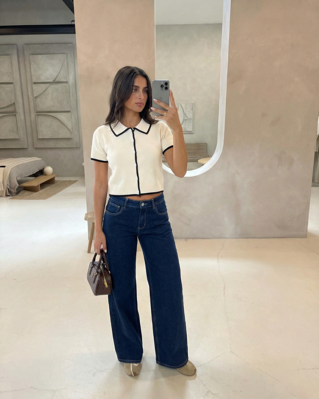 Cora | Elegant Contrast Trim Knitted Top Cream Short Sleeve Cropped