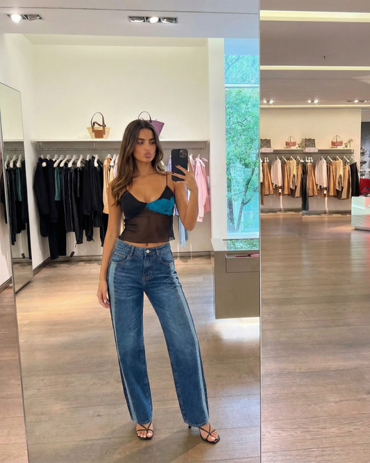 Vera | Wide Leg Jeans Dark Blue High Waisted Side Stripe