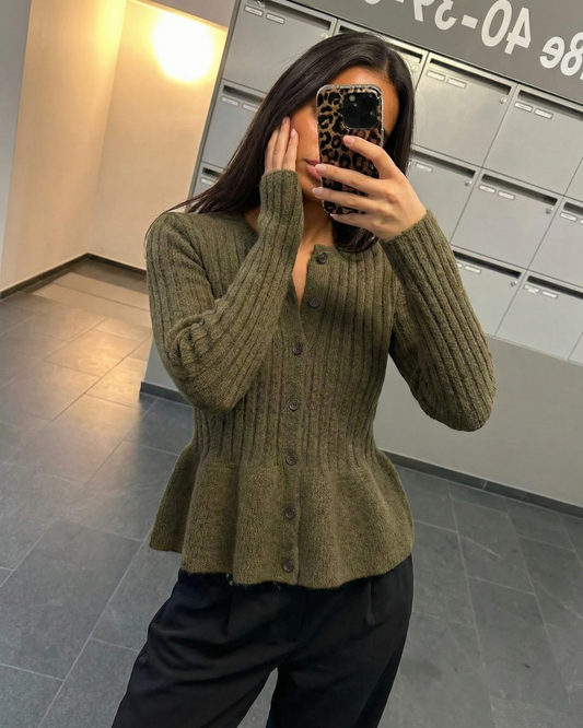 Arden | Knitted Cardigan Khaki Long Sleeve Peplum Ribbed Button Front