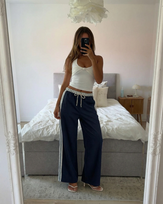 Kira | Casual Wide Leg Joggers Navy White Stripe