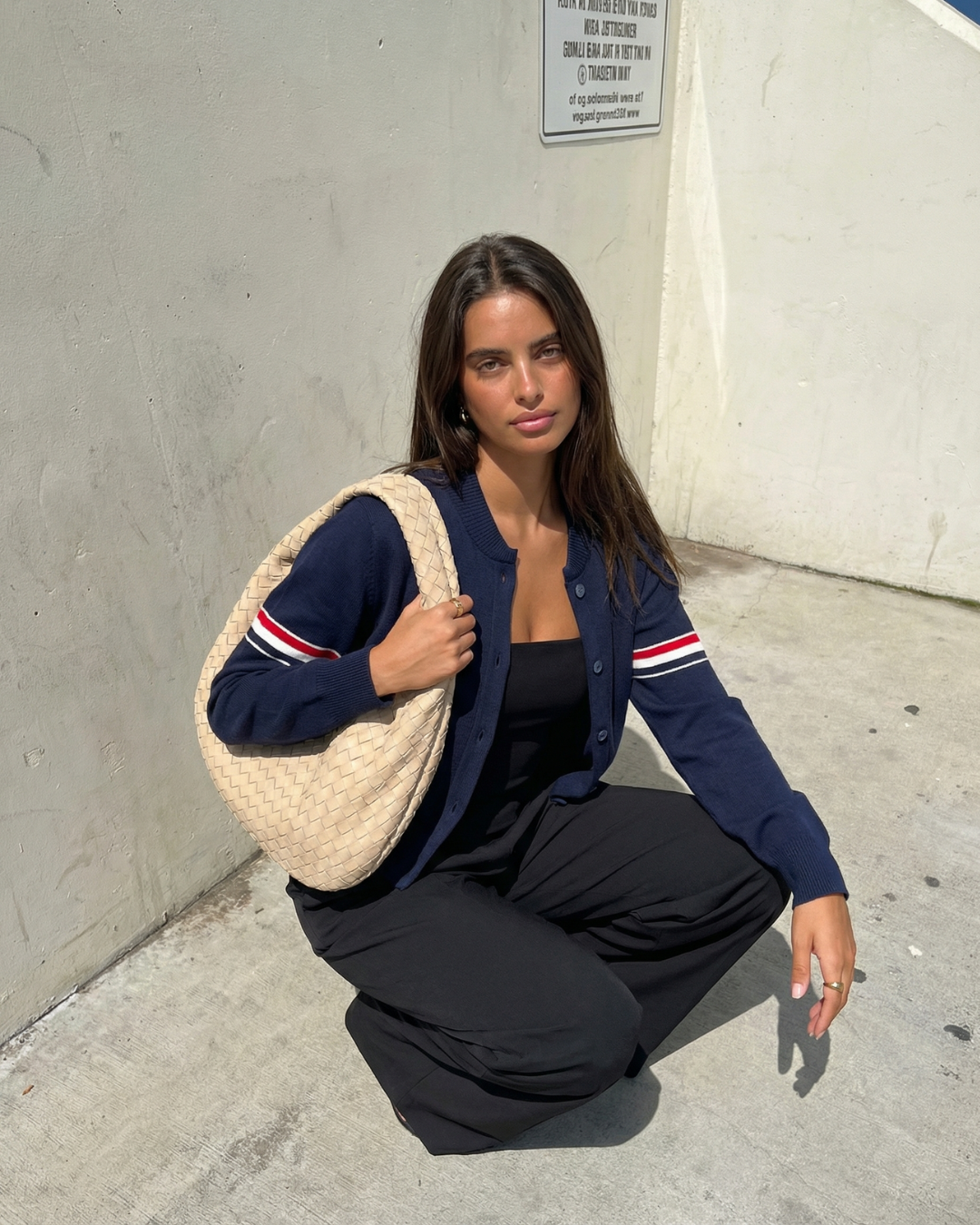 Margot | Varsity Striped Cardigan Navy Button Front Long Sleeve