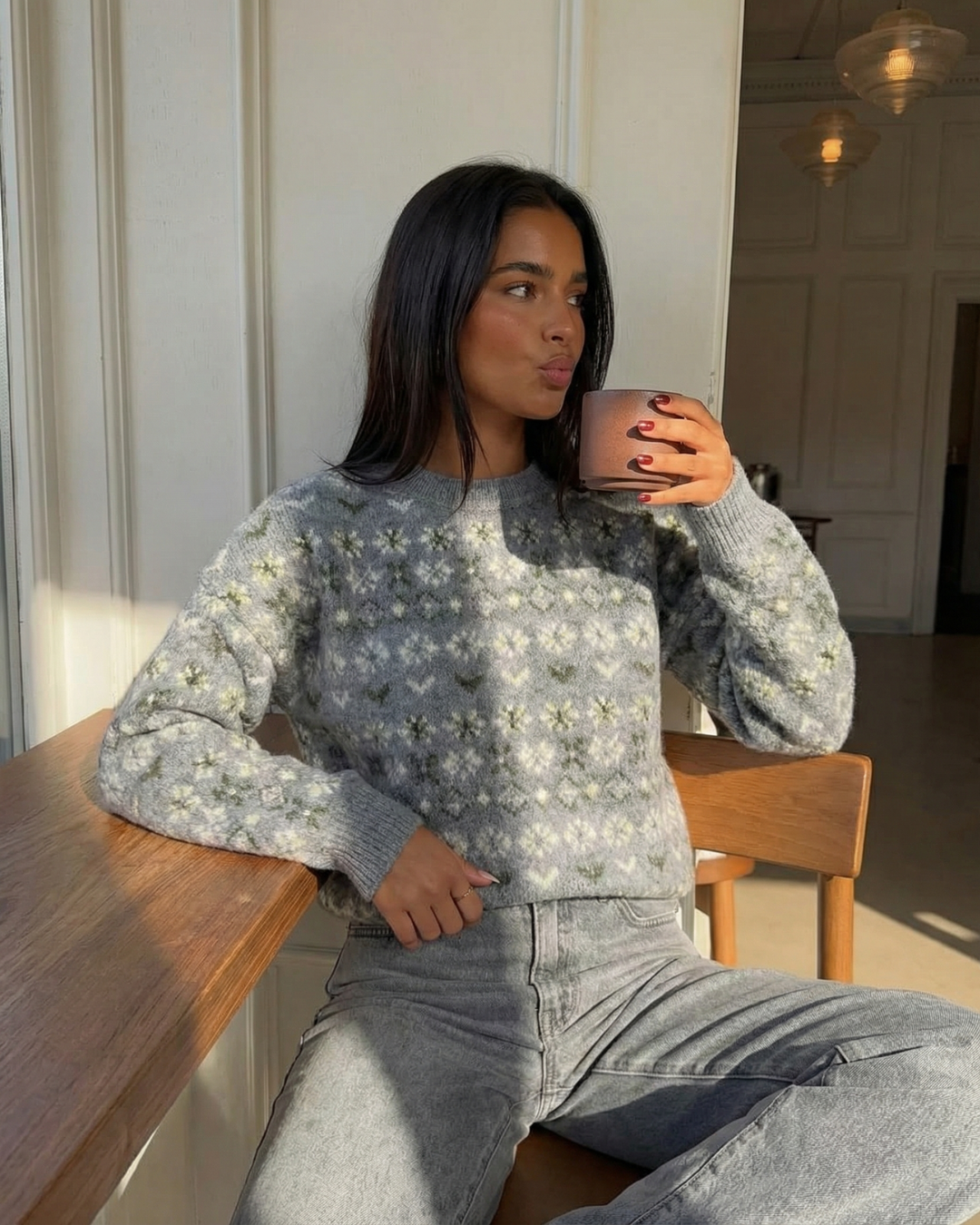 Thea | Fair Isle Knit Sweater Gray Crew Neck Oversized