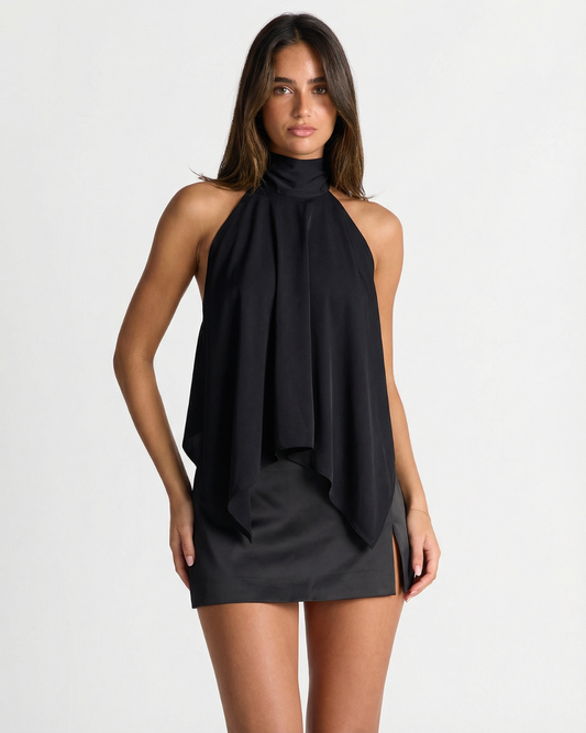 Romy | Elegant Halter Neck Top Black Satin Asymmetric Sleeveless