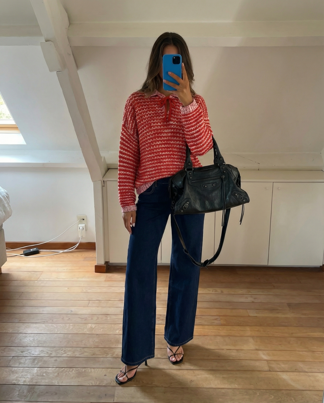 Lily | Red Relaxed Open Knit Striped Hooded Polo Jumper