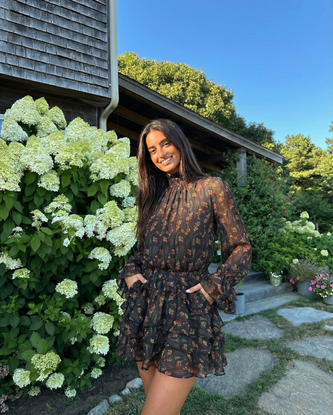 Vera | Floral Mini Dress Black Long Sleeve Ruched