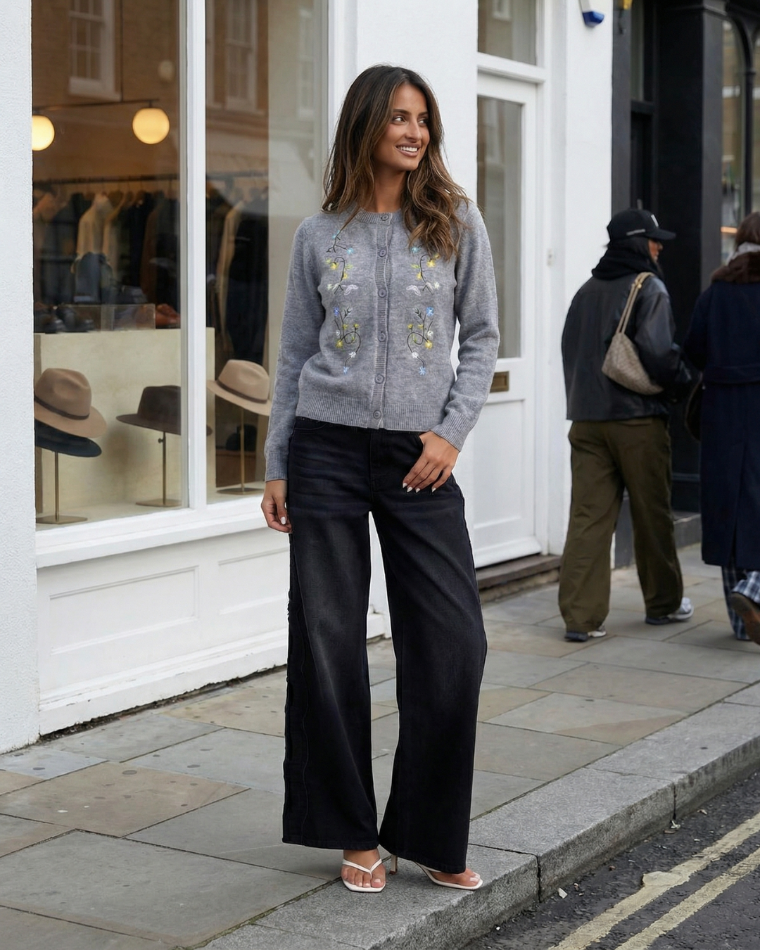 Fern | Grey Cardigan Knitted Embroidered Floral Long Sleeve Button Front