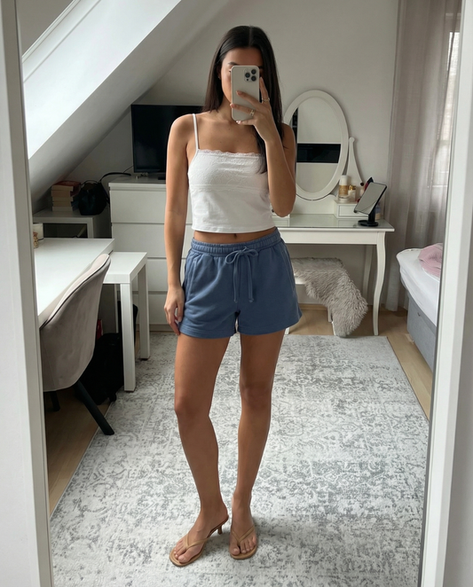 Maren | Relaxed Drawstring Shorts Blue Cotton Elastic Waist