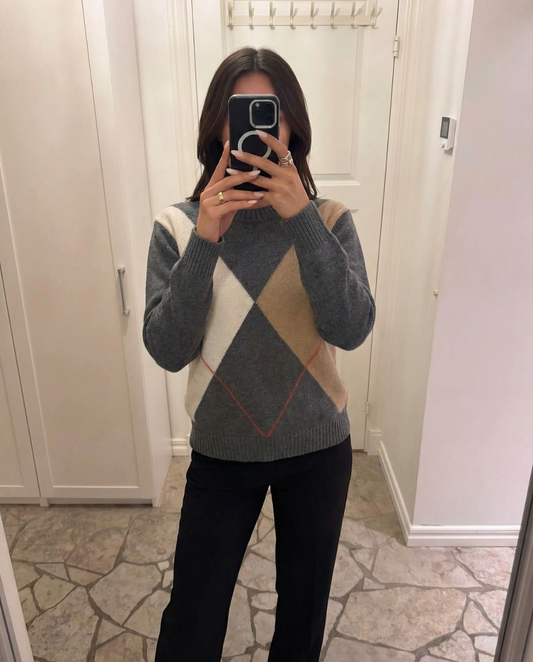 Camille | Argyle Knitted Sweater Grey Cream Beige