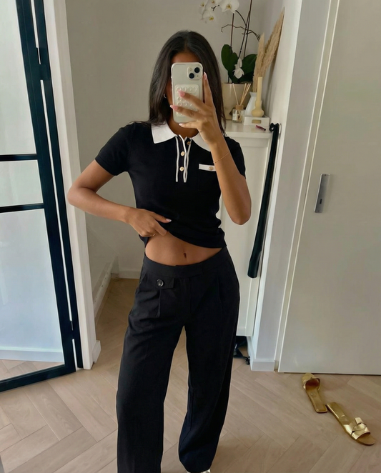 Eleanor | Chic Black Contrast Knitted Polo Top