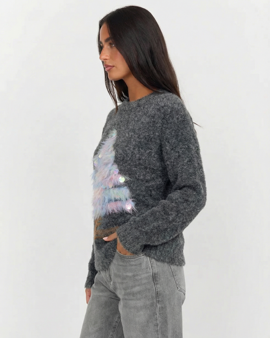 Freya | Winter Knitted Sweater Grey Christmas Tree Embellished