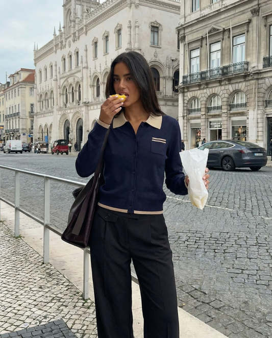 Harper | Black Elegant Knit Polo Cardigan with Contrast Collar